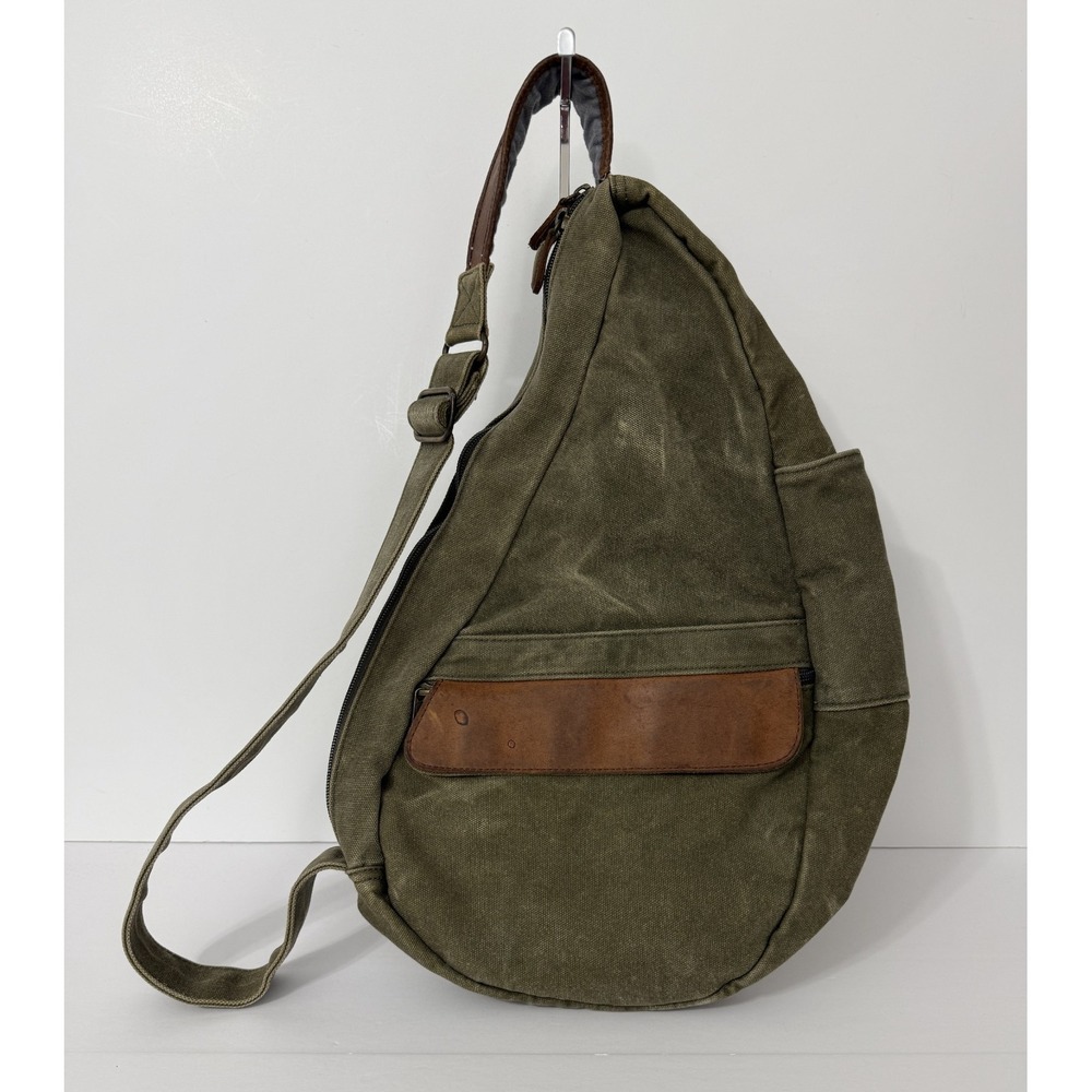 LL Bean AmeriBag Olive Green Canvas Sling Backpack Leather Trim Travel Crossbody